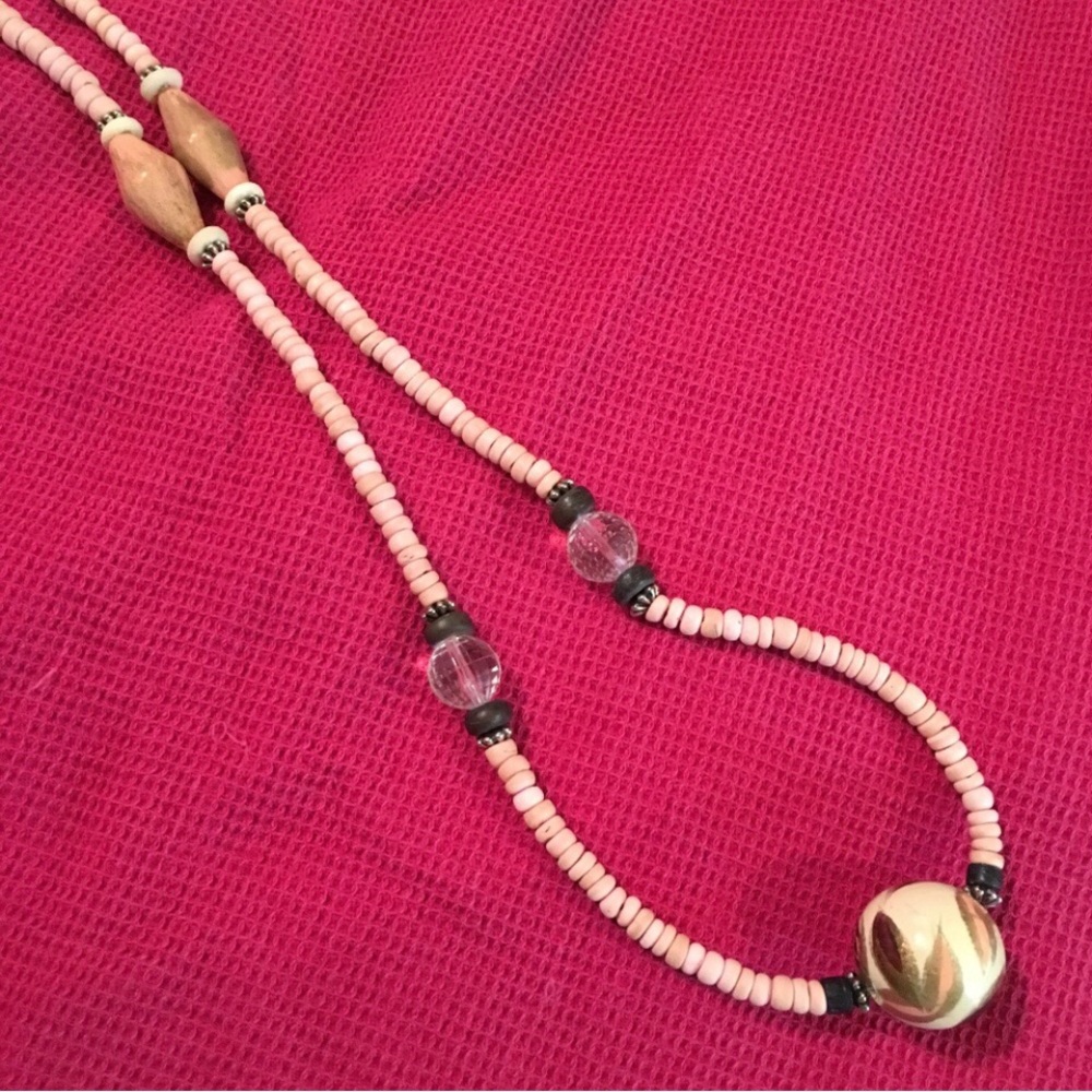 Artisan necklace earrings wood plastic matching set pink 46 inch bundle Vintage - Picture 3 of 8